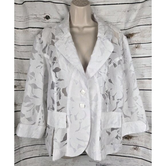 Clara Sun Woo Jackets & Blazers - Clara Sun Woo White Floral Burnout Jacket XL Lagenlook Artsy Womens Button